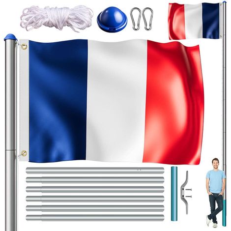 MONZANA® Mât de drapeau télescopique aluminium 6,50 m avec cordelette hissage drapeau inclus douille de sol évènement sportif hampe de drapeau France