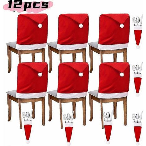 Housses de chaises de Noël, décorations de Noël rouges, ensemble de 12 pièces comprenant des housses de chaises Père Noël et un porte-couverts, décoration de chaises et de table. (1/5)