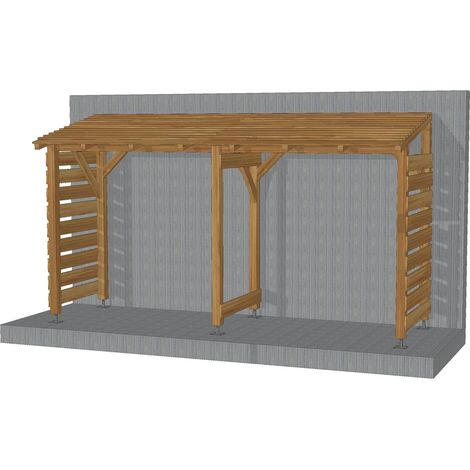 Abri de jardin bois 4m – Couvert sans fond – Traitement autoclave Cl3 marron – Dimensions 403x144x230cm – Poteaux 90x90mm – Jardinatoire (1/4)