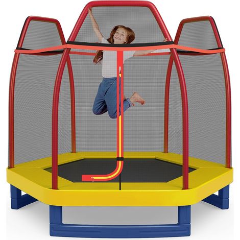 COSTWAY Trampoline Extérieur Ø 223cm Enfants avec Filet de Sécurité, Trampoline de Jardin Rond avec 6 Poteaux Recouvert de Mousse, Tapis de Saut, Charge150KG pour 2-3 Enfants de 3 Ans+ (Rouge+Jaune) (1/4)