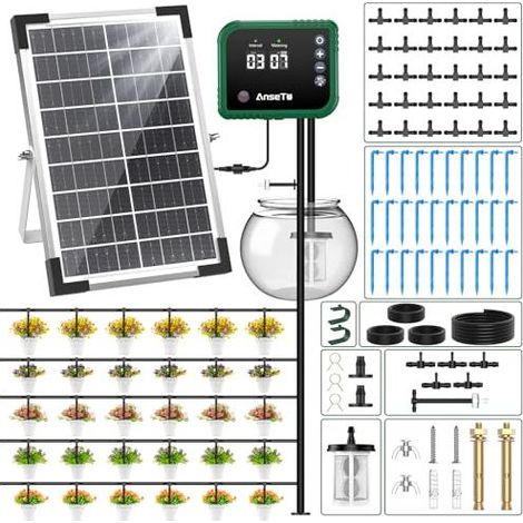 Irrigazione a goccia solare. Kit di irrigazione automatica solare da 8W. Set di irrigazione con timer integrato. Sistema di irrigazione. Tubo da 35 m e 30 gocciolatori per giardino e serra. (1/5)