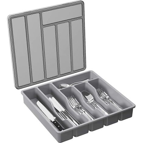 Boîte à couverts avec couvercle, plateau à couverts avec couvercle pour tiroir et plan de travail, couverts et ustensiles en plastique gris Slowmoose. (1/5)
