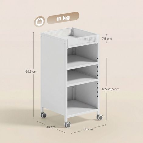 Bibliothèque mobile avec étagères réglables,chariot à 3 niveaux avec panier supérieur,blanc (1/5)