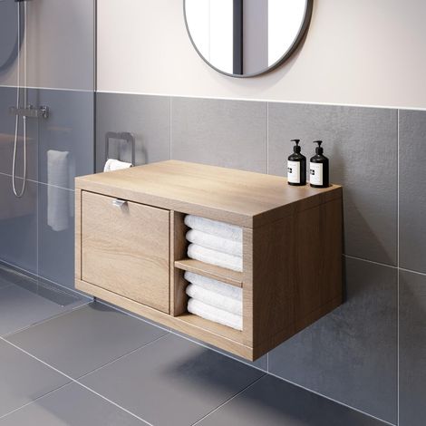 Bathroom Oak Wall Hung Vanity Unit Cabinet Storage Unit 800mm Right Hand Shelving Unit