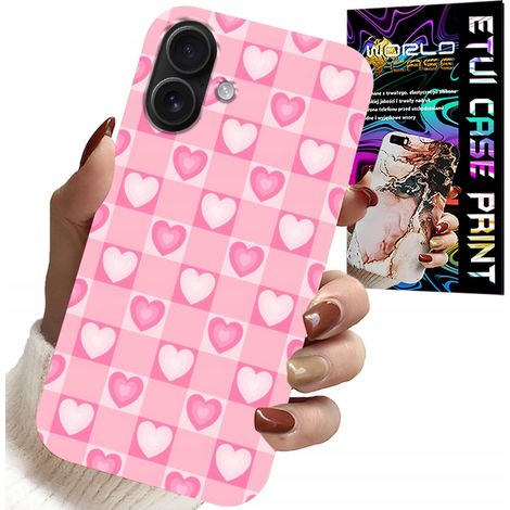 Hülle für iPhone 16 Plus – rosa karierte Hülle mit Herzchenmuster + Glas (1/5)