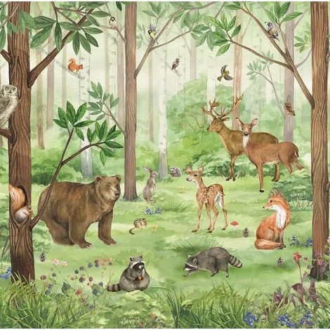 papier peint panoramique animaux de la forêt vert et marron  - Sanders & Sanders (1/5)