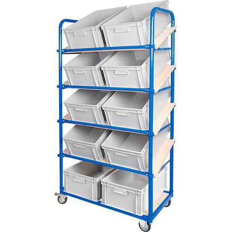 BRB Schrägboden-Regalwagen mit 5 Ebenen, bestückt mit 10 Euroboxen 600x400x220 mm grau (1/3)