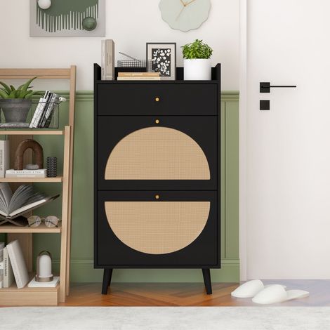 Zapatero 60 cm negro en tablero de partículas con 2 puertas, 1 cajón y estantes ajustables (1/5)