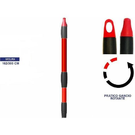 TRADE SHOP - Bastone Manico Telescopico Allungabile Rosso 162-300cm Con Gancio Rotante Scopa -
