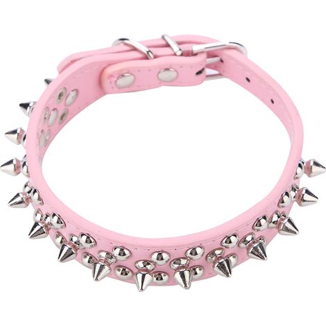 1 collier pour chien, en cuir PU rose à clous et boucle à pointes, ajustable 27-33 cm, taille S (1/5)