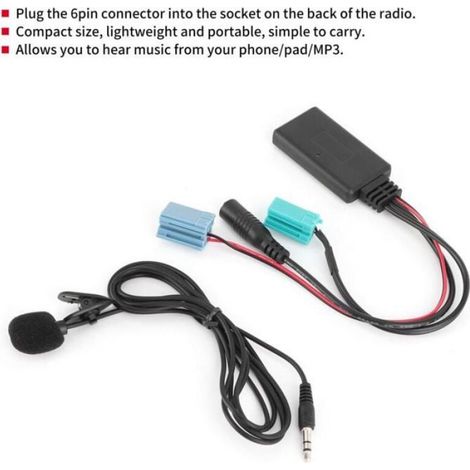 Adaptateur Audio Bluetooth - 6 Broches - Pour Autoradio AUX-in - Compatible Renault Clio Espace Megane Scenic Laguna Twingo - Version 5.0 - Avec Microphone (1/4)