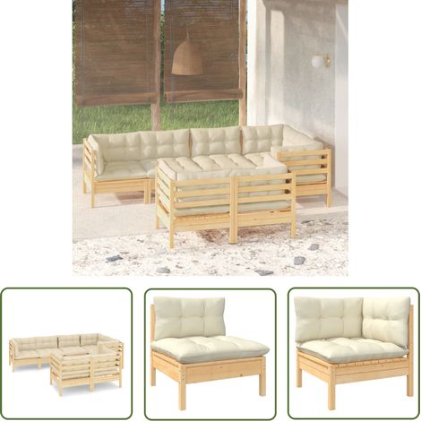 The Living Store 7-tlg. Garten-Lounge-Set mit Creme Kissen Massivholz Kiefer - Garten Lounge Set - Esszimmergarnitur - Outdoor Möbel - Gartentisch - Gartenstuhl (1/5)