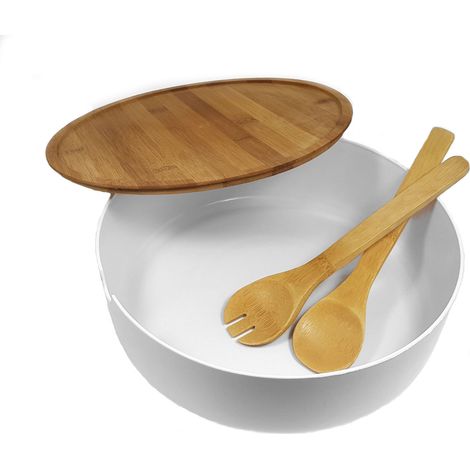 XXL Salatschüssel inklusive Bambus Besteck 30 cm - weiß - Kunststoff Schale groß mit Holz Deckel - Rührschüssel Servierschüssel Obstschale Schüssel mit Servierbesteck Schale für Obst Salate Desserts