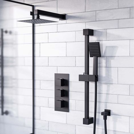 Temel Concealed Thermostatic Mixer Valve, Slider Rail & Shower Head Set Matte Black