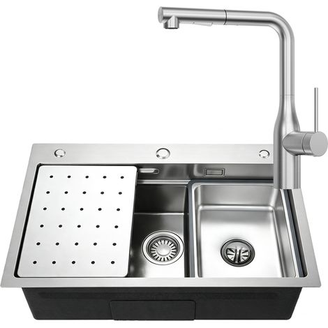 CECIPA MAX Lavello da cucina 70 x 45 cm in acciaio inox + miscelatore estraibile con 2 modalità di getto, incl. vassoio di scongelamento e cestello scolapiatti, kit di scarico (1/5)
