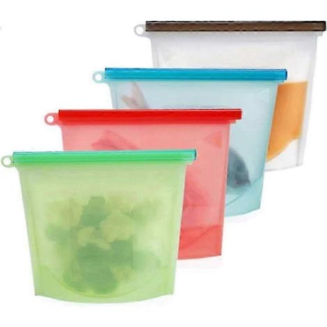 Ensemble de 4 sacs de conservation réutilisables en silicone pour fruits, légumes, viande et soupe, hermétiques et étanches (17 x 21,5 x 8,5 cm) (1/5)