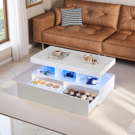 Table Basse avec LED, Design Moderne Lumineux, Étagère Ouverte et 2 Tiroirs, Meuble de Salon, Rectangulaire, Blanc (1/5)