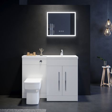 ELEGANT 1100mm Bathroom Vanity Sink Unit Storage,High Gloss White Vanity Unit + Basin + Concealed Cistern with Ceramic Square Toilet Right Hand (1/5)