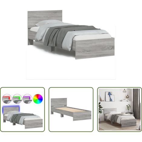 vidaXL LED-Leuchten - Bettgestell mit Kopfteil und LED-Leuchten Grau Sonoma 90x190 cm (1/5)