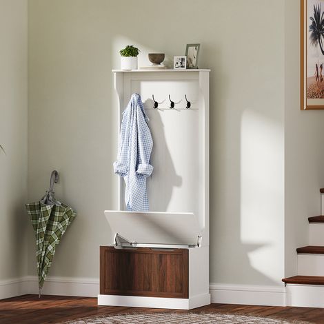 Perchero de pasillo 3 en 1 con zapatero, perchero de pie que ahorra espacio con 4 ganchos y banco de almacenamiento, MDF, para pasillo, dormitorio, 71,5 x 39,5 x 170 cm, blanco y marrón