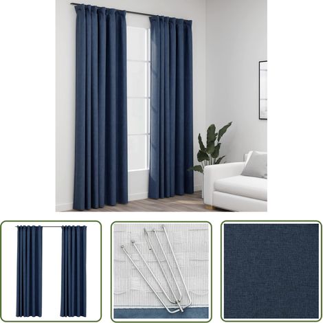 The Living Store Rideaux occultants aspect lin avec crochets 2pcs Bleu 140x245cm - Rideaux Occultants - Rideaux Bleus - Rideaux Lin - Décoration Intérieure - Intimité (1/5)
