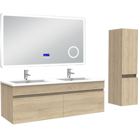 Ocean Ensemble meuble 120 cm, lavabo céramique simple + colonne + Miroir salle de bain Bluetooth avec 3 couleurs dimmable, Chêne Wotan à suspendre