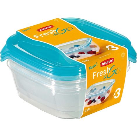 CURVER 182216 LOT 3 BTES HERM CARRÉES FRESH'N GO (3X0,8L), PLASTIQUE, TRANSPARENT/BLEU, 16 X 16 X 11 CM