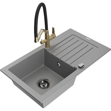 Mexen Pablo 1 Becken-Granitspüle mit Abtropffläche und Mischbatterie Duo, Grau - 6510-71-671701-57-B