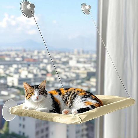 Percha para gatos en el alféizar de la ventana, asiento de ventana, hamaca, cama para gatos, dos ventosas fuertes para mayor soporte de peso, gato tomando el sol, color caqui. (1/5)