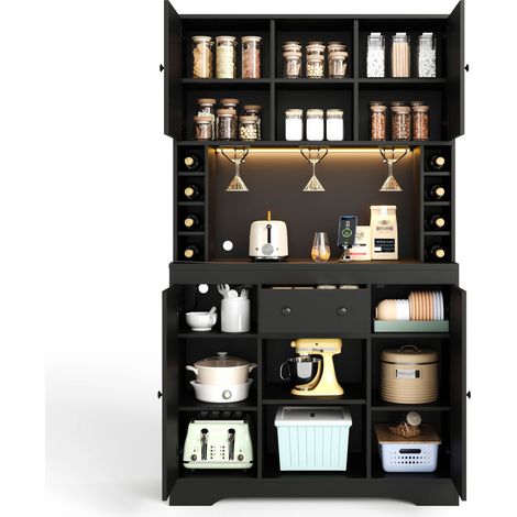 Küchenbuffet mit 2 Türen, 1 Schublade, verstellbaren Einlegeböden, LED und Steckdosen, MDF, Schwarz, 105×40×180 cm (1/5)