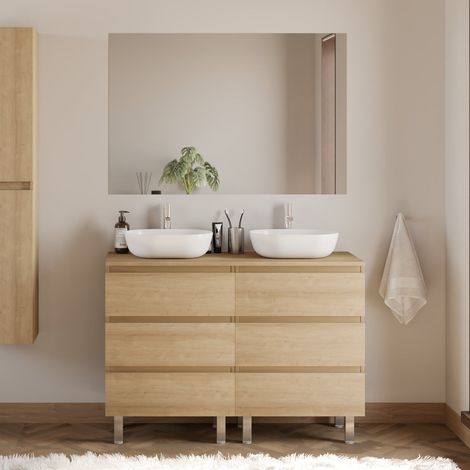 Meuble de salle de bain 120cm avec plateau et 2 vasques à poser arrondies - 6 tiroirs - nebraska (chêne clair) - MAYOR