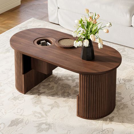 Table basse oval en noyer avec texture verticale, style rétro moderne, pour salon ou salle de séjour (1/5)