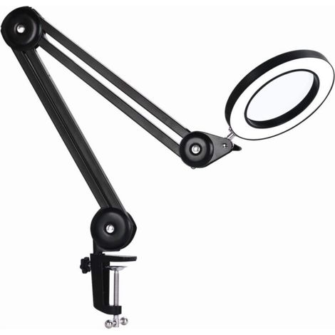 Magnifying lamp, work lamp - with 160 mm glass lens, 5 diopters, metal clip, swivel arm, 3-color dimmable light, Black (1/5)