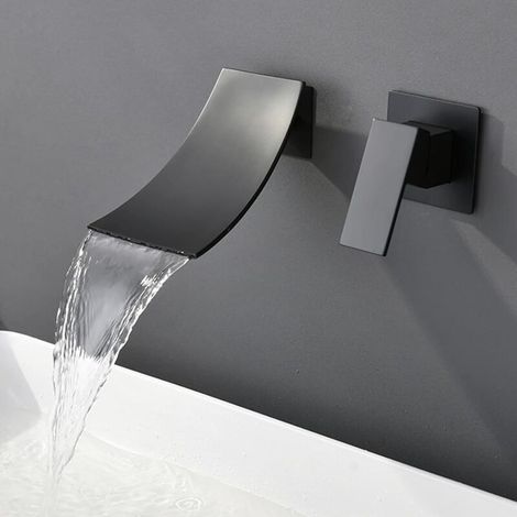 Wasserfall-Badezimmerarmatur, verdeckte Wandmontage-Waschtischarmatur – 2-Loch-Wandarmatur mit Einzelgriff und großem Auslauf, Mischbatterie für Badezimmer – Schwarz