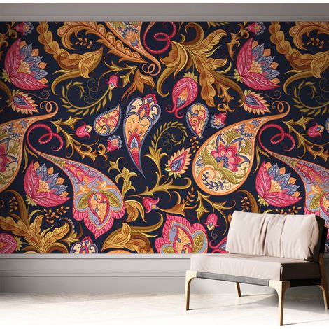 Papier peint adhésif autocollant pour salon chambre à coucher peint imprimé pour mur Paisley coloré 312x219 cm (1/5)