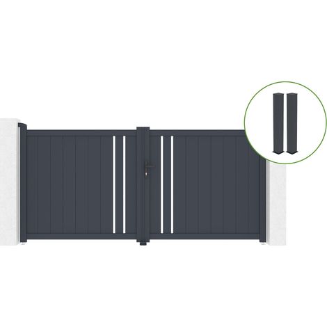 Portail battant 3m GIONA H.140cm alu gris + 2 poteaux 20x20cm H.166cm (1/5)