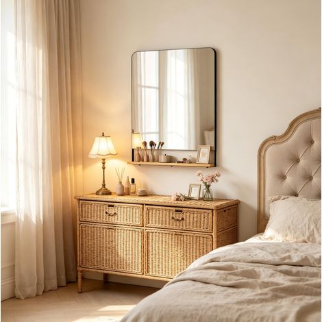 Rechteckiger Wandspiegel 80×60 cm aus Glas, Metall und schwarzem Holz mit Ablage – MEUBLIV (1/5)
