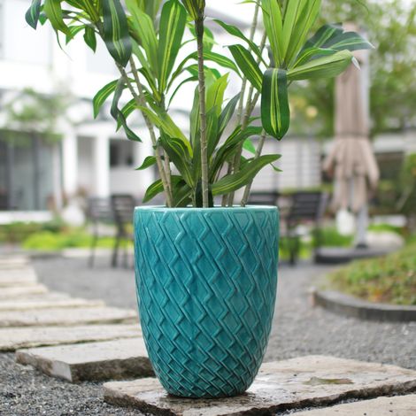 Grande vaso da fiori in ceramica Ø 42 x H 54 cm, smalto ciano lucido a rilievo rombi, OKWISH (1/5)