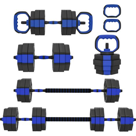 6-in-1 Hantelset fürs Krafttraining: Verstellbare 30-kg-Kettlebell, Liegestütz-Langhantel, Blau