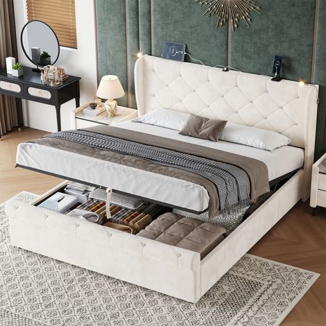 4ft6 Double Velvet Hydraulic Storage Bed - Diamond Tufted Headboard with USB/Type-C Charging Station & Reading Light, Beige Upholstered Bed Frame (No Mattress)
