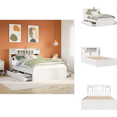 Massivholzbett mit Regal ohne Matratze Weiß 140x200 cm Kiefer - Bett Mit Regal - Bett Mit Bücherregal - Holzbett Mit Regal - Holzbett Mit Bücherregal (1/5)