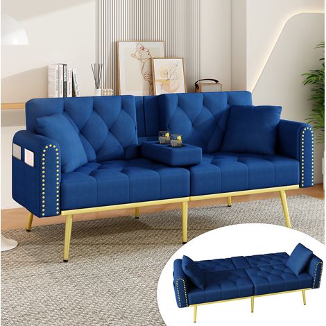 Canapé convertible 2 places 175x80x73,5 cm en velours bleu, gain de place pour salon FloraGrace (1/5)