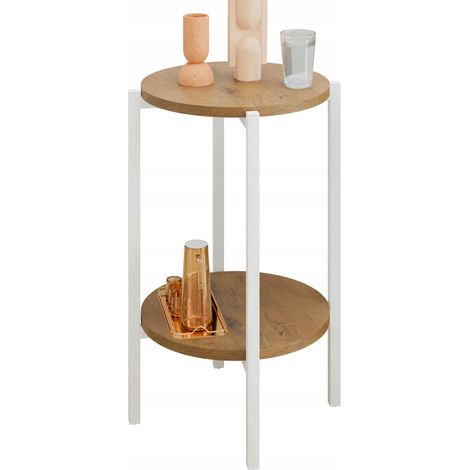 Mesita auxiliar redonda tipo loft con estante, 35x35x62 cm, metal blanco. (1/5)