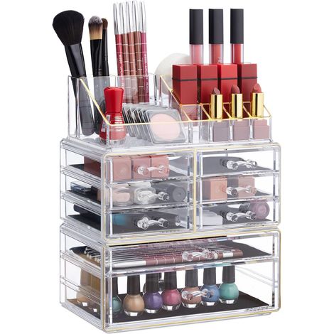 Dos Organizadores Maquillaje Grandes, Neceser Apilable, Cosméticos, Joyero, Fibra Acrílica, 30x24x14cm, Transparente/Oro