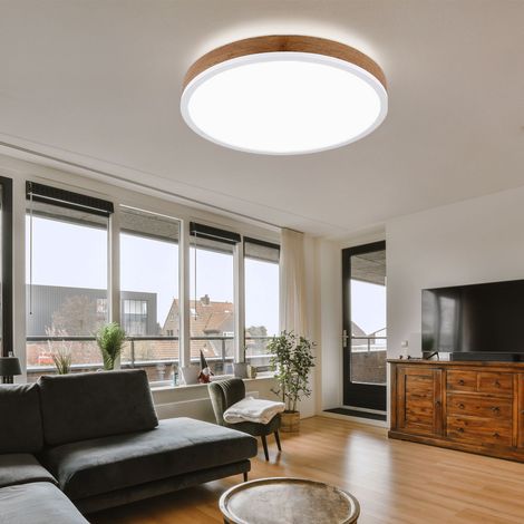 Deckenleuchte Wohnzimmerleuchte Deckenlampe Esszimmerleuchte Flurlampe rund, Metall weiß Kunststoff opal Holzoptik MDF, 1x LED 24W 1800Lm 3000K warmweiß, D 45 cm