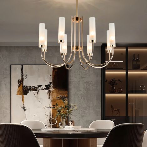 Moderne Pendelleuchte 8-flammig, edler Kronleuchter aus Metall und mattem Milchglas, mit praktischer G9 Fassung, Durchmesser Ø 71 cm, stilvolle Deckenlampe für Wohnzimmer, Esszimmer und Schlafzimmer