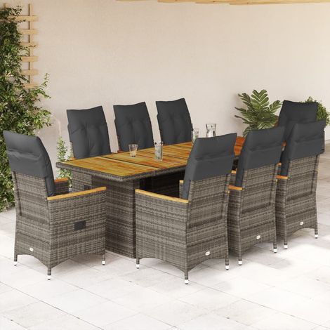 9-tlg. Garten-Bistro-Set mit Kissen Grau Poly Rattan (1/5)