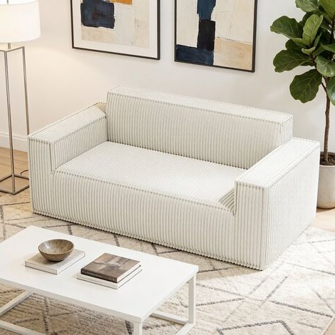 Canapé droit rembourré 2 places 178 cm - canapé compact avec assise profonde, sans montage - mousse haute densité - velours côtelé - Blanc (1/5)