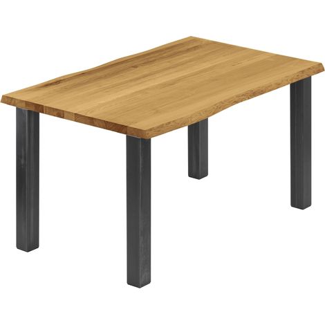 LAMO Manufaktur Esstisch Küchentisch, mit Baumkante 140x80x76 cm (AxBxH), Classic, Rustikal / Rohstahl mit Klarlack, LAB-01-A-003-0000Cl