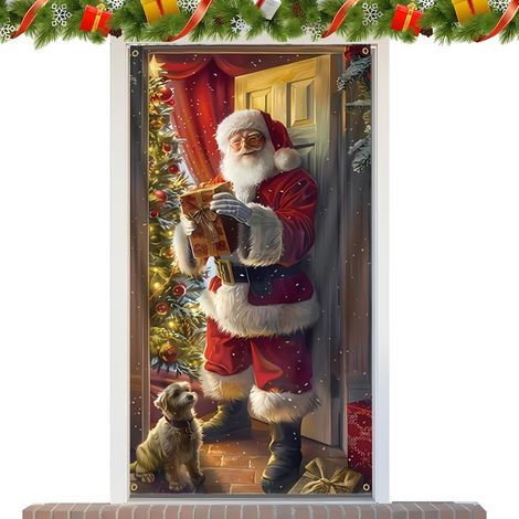 Couverture de Porte d'Entrée de Noël 178 x 89 cm Drapeau du Père Noël Décorations De Porte De Noël En Tissu Festif Pour Intérieur Extérieur Mur Porche Patio Jardin Cour Ferme Fête Vacances Hiver (1/5)